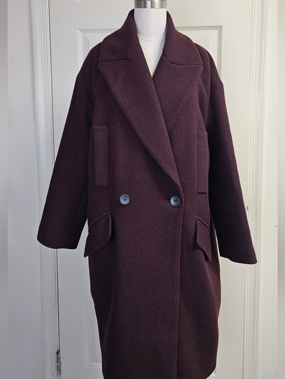 Zara Oversized Double-Breasted Mid Length Coat Burgundy Size S
